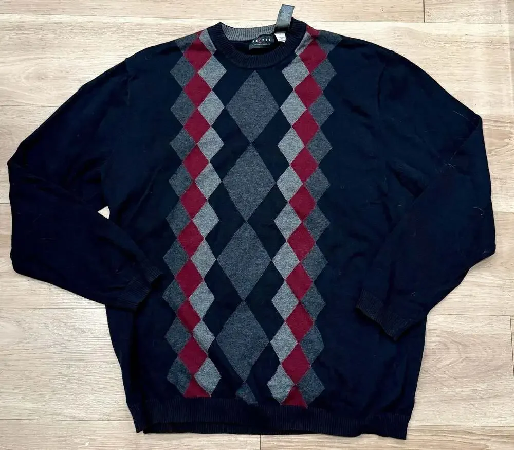 Axcess Claiborne Men's Black Grey and Burgundy Argyle Long Sleeve Sweater